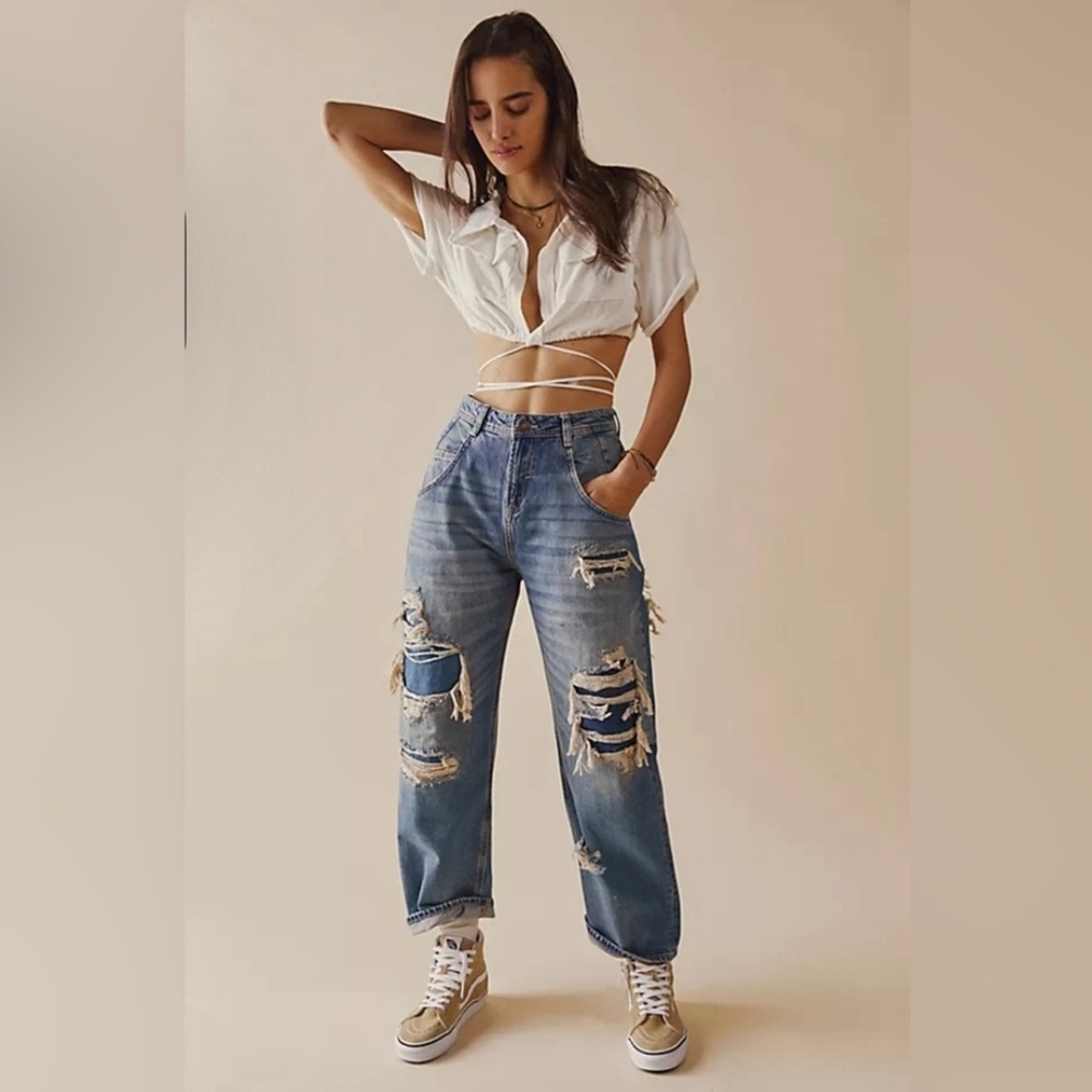 Free People Blue Distressed Wide Leg Jeans